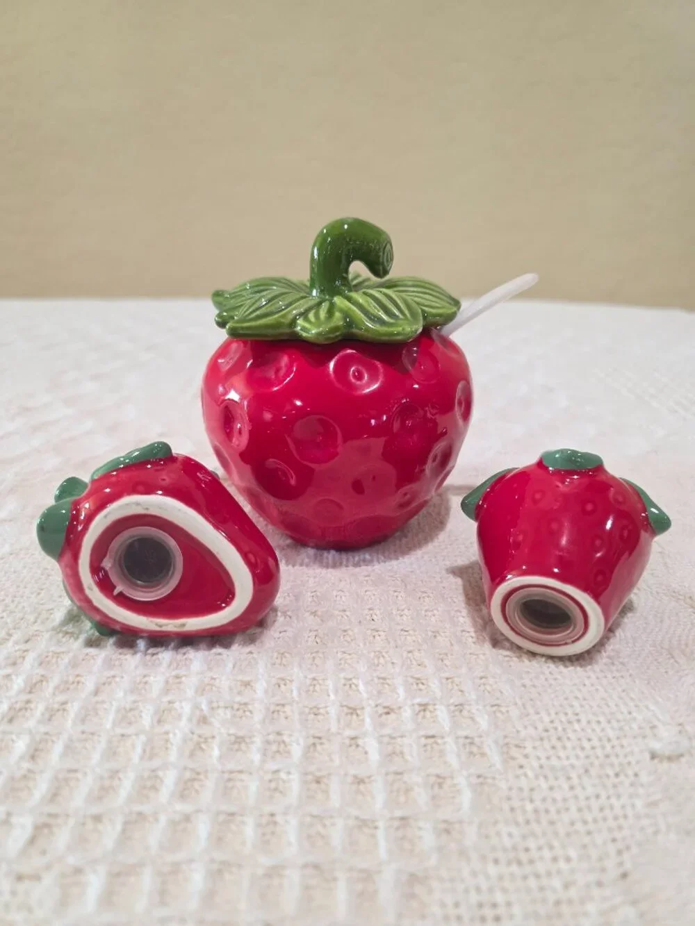 Vintage Brinn's Ceramic Strawberry Jam Jar and Salt & Pepper Shakers PA